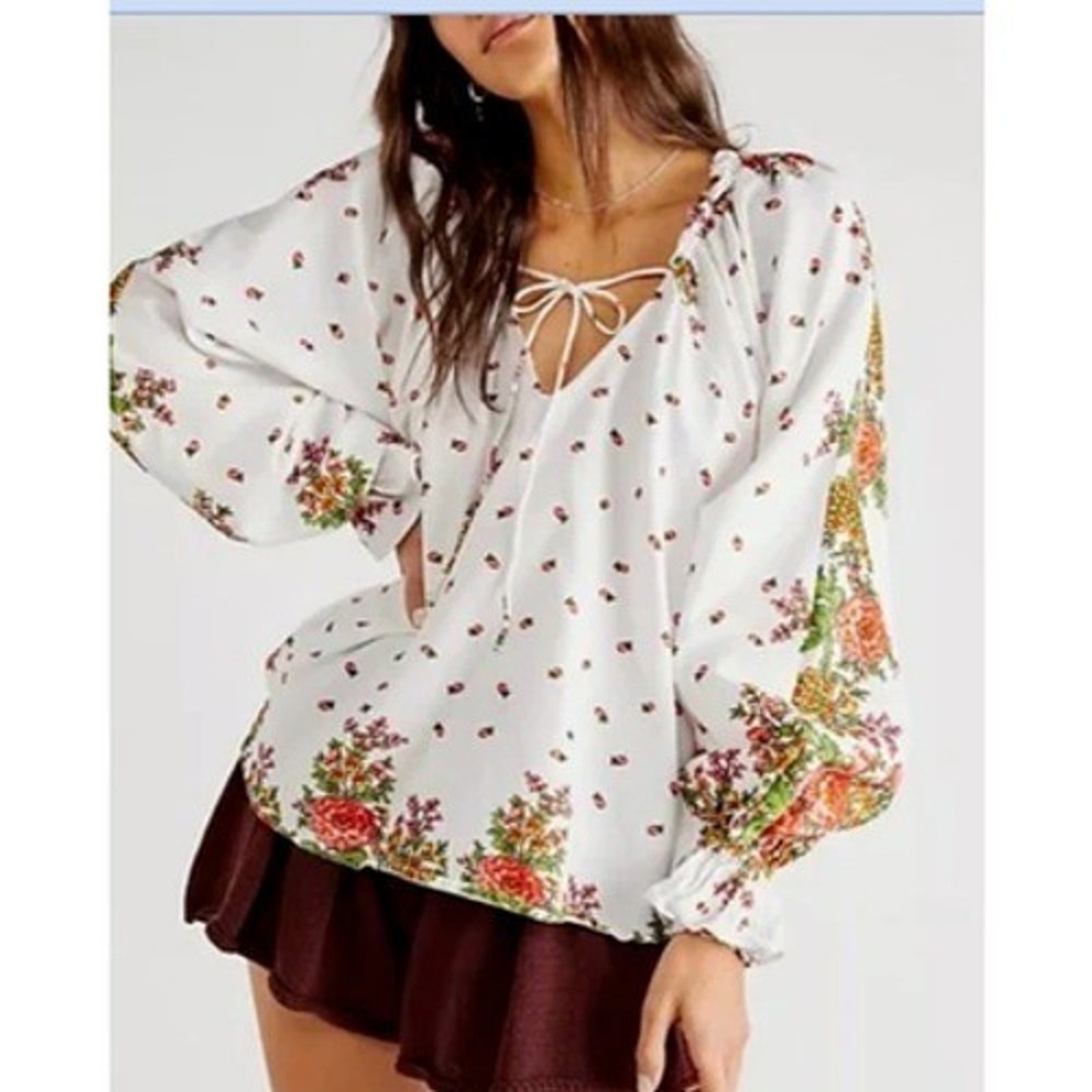 Free People Kinga Csilla Floral Peasant Blouse Small Oversized Mama Fairy NWT